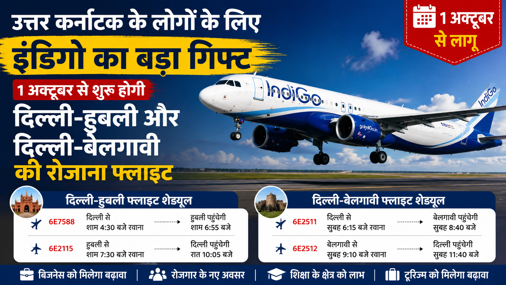उत्तर कर्नाटक के लोगों के लिए इंडिगो का बड़ा गिफ्ट: 1 अक्टूबर से दिल्ली-हुबली और दिल्ली-बेलगावी के बीच रोजाना फ्लाइट